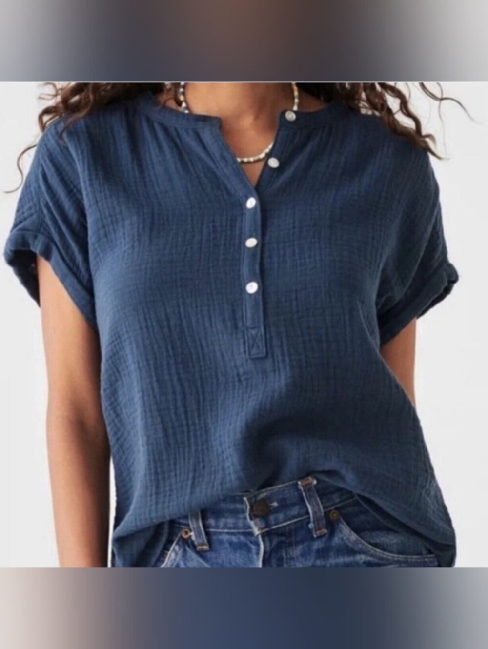 Faherty Short Sleeve Gauze Henley Top Small Navy Blue Organic Cotton Double Gauz